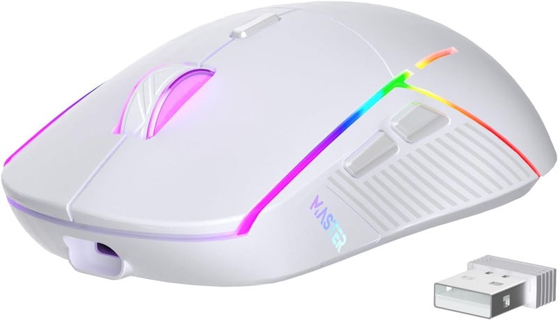 FFJ Wireless Gaming Mouse, 24000 DPI, Tri-Mode 2.4G/USB-C/Bluetooth 5.3 Gaming Mouse Wireless, RGB Programmable Mouse Gamer, 75Hrs Battery Life, Rechargeable Gaming Mice for PC, Mac, PS5, Xbox - White - Image 1
